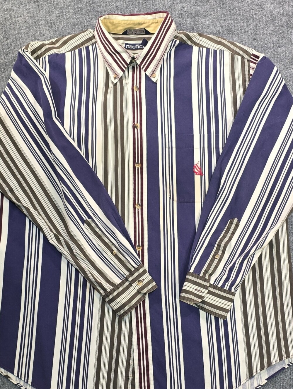 Nautica XL striped Men's Dress shirt bottom down Vintage Red, Blue and Green